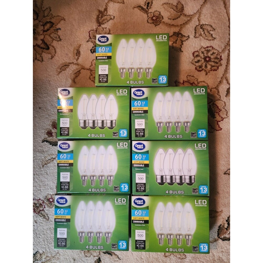 Lot of 7 Great Value LED Bulbs 60W Soft White Dimmable Candelabra E12 Medium E26